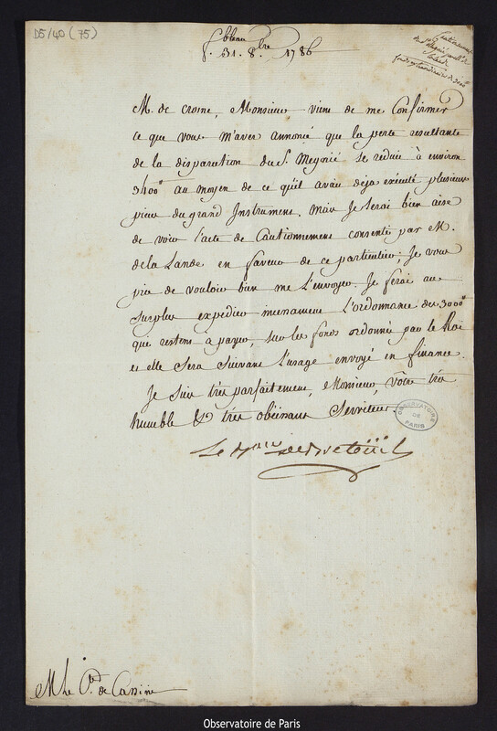 Lettre de Louis Le Tonnelier, baron de Breteuil, à Cassini IV, directeur de l'Observatoire, le 31 octobre 1786