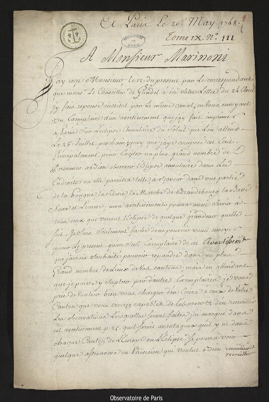 Lettre de Joseph-Nicolas Delisle à Giovanni Giacomo Marinoni, Paris, 20 mai 1748