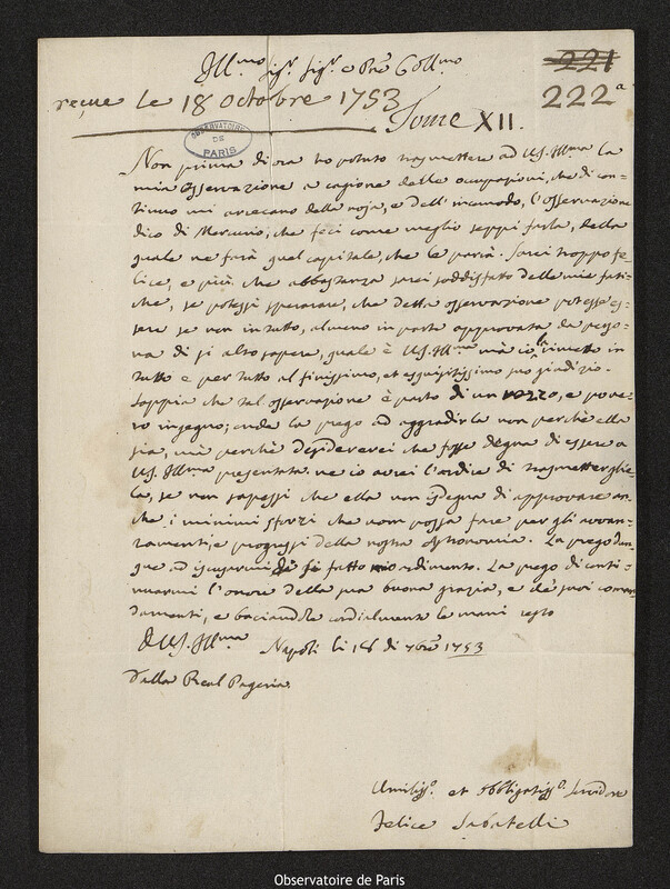 Lettre de Felice Sabatelli à Joseph-Nicolas Delisle, Naples, 18 septembre 1753