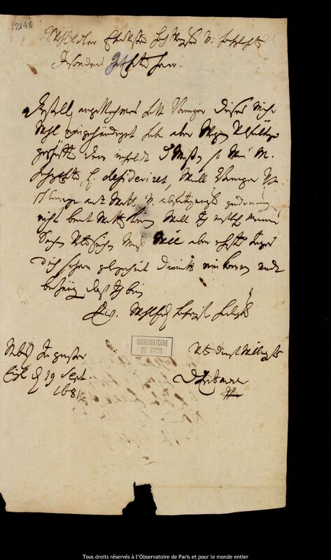 Lettre de Jan Kazimierz Denhoff à Jan Heweliusz, 19 septembre 1681