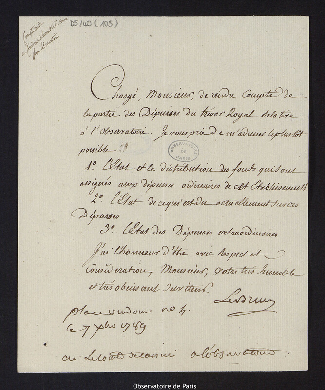 Lettre de Pierre Tondu dit Lebrun, à Cassini IV, directeur de l'Observatoire, le 7 décembre 1789