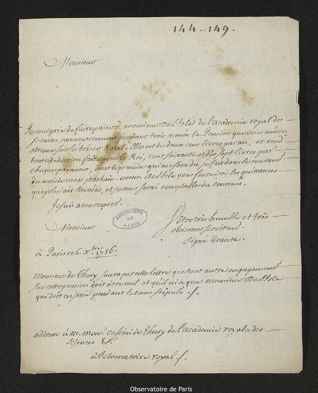 Lettre de James A. Grante à César François Cassini, Paris, 6 décembre 1756