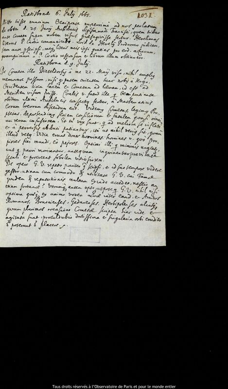 Texte manuscrit d’un auteur non identifié à Stanislaw Lubieniecki, Ratisbonne, 6 - 17 juillet 1665