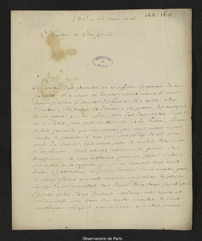 Lettre de Vautrot à Joseph-Nicolas Delisle, Void-Vacon, 22 août 1760