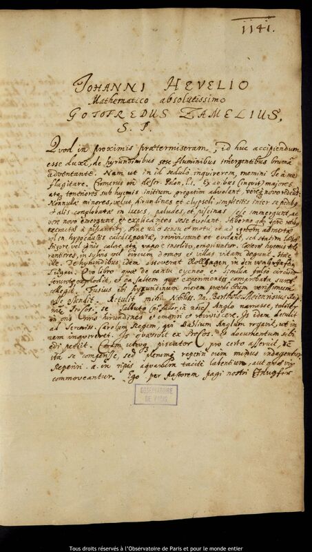 Lettre de Gottfried Zamel à Jan Heweliusz, Elblag, 20 novembre 1666