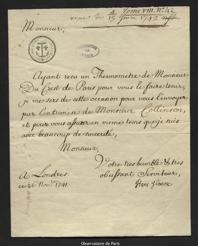 Lettre de Sir Hans Sloane à Joseph-Nicolas Delisle, Londres, 26 novembre 1741