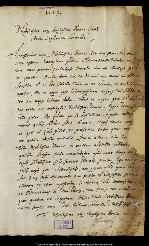 Lettre de Svante Svantesson Banér à Jan Heweliusz, Stockholm, 25 juillet 1666