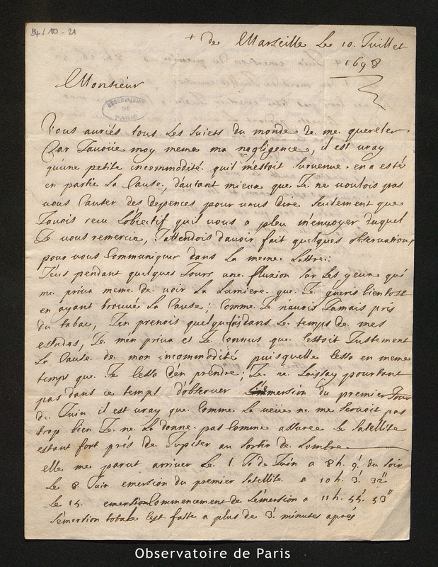 Lettre de Feuillée à Cassini I, Marseille le 10 juillet 1698