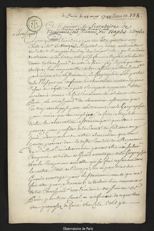 Lettre de Joseph-Nicolas Delisle à secrétaire de l'Académie royale des Sciences et des Beaux-Arts de Naples, Paris, 24 mai 1748