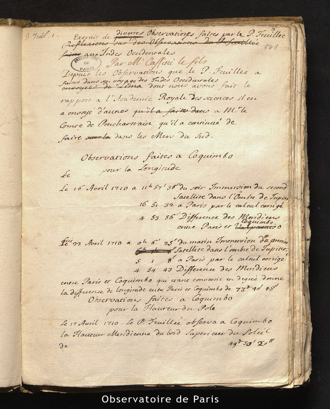 Extrait de diverses observations faites par le P. Feuillée aux Indes Occidentales par M.Cassini le fils