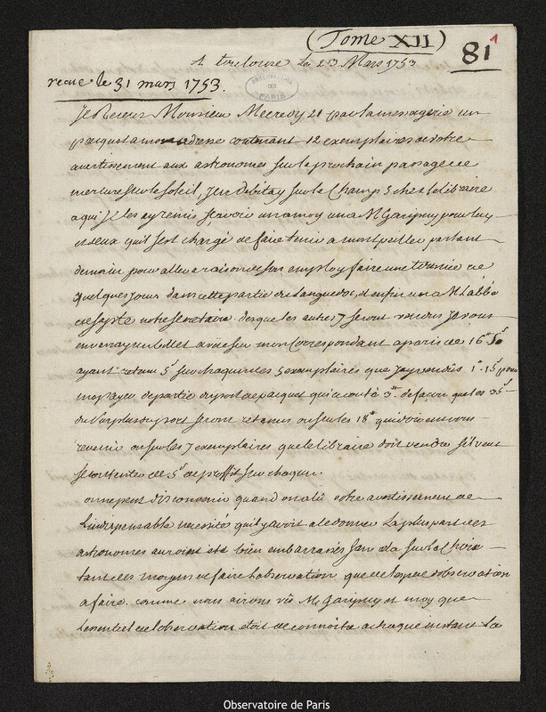 Lettre de Augustin Darquier de Pellepoix à Joseph-Nicolas Delisle, Toulouse, 23 mars 1753