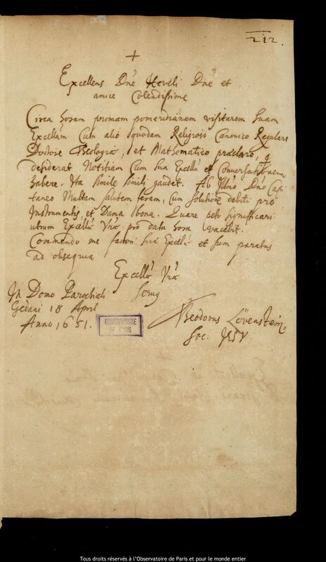 Lettre de Theodor Löwenstein à Jan Heweliusz, Gdansk, 18 avril 1651