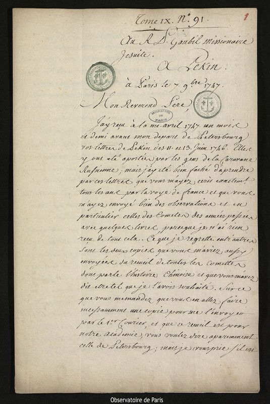 Lettre de Joseph-Nicolas Delisle à Antoine Gaubil, Paris, 7 novembre 1747