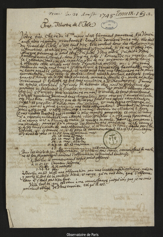 Lettre de Georg Matthias Bose à Joseph-Nicolas Delisle, Wittenberg, 5 août 1748