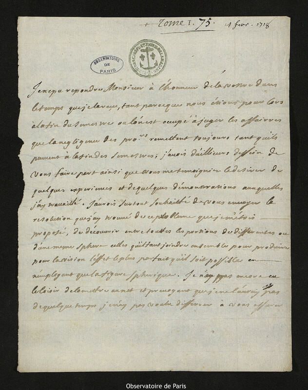 Lettre de Charles Teinturier à Joseph-Nicolas Delisle, Verdun, 14 février 1718