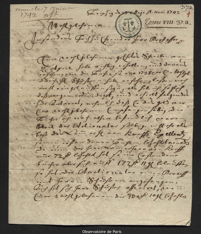 Lettre de Gottlieb Clanner à Joseph-Nicolas Delisle, Leipzig, 23 mai 1742