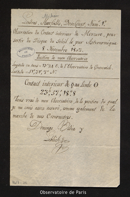 Lettre de Badia y Leblich à [Méchain], Londres le 8 novembre 1802