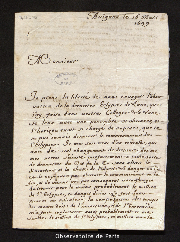 Lettre de Bonfa à Cassini [I], Avignon le 16 mars 1699