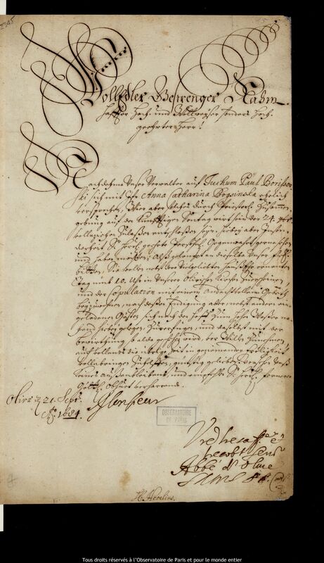 Lettre de Michal Antoni Hacki à Jan Heweliusz, Oliwa, 21 septembre 1684