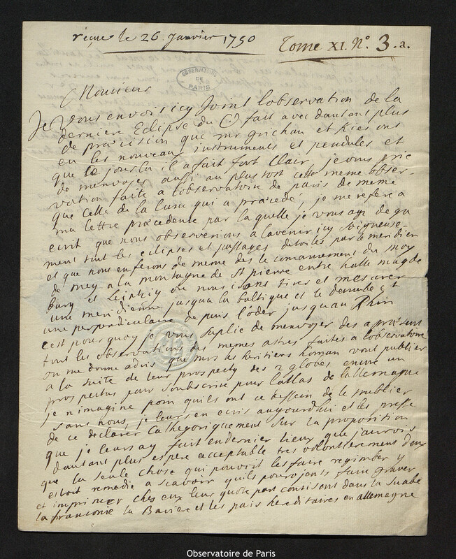 Lettre de comte Samuel de Schmettau à Joseph-Nicolas Delisle, Berlin, 17 janvier 1750