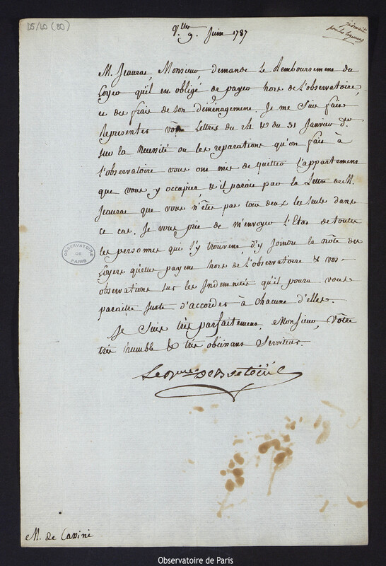 Lettre de Louis Le Tonnelier, baron de Breteuil, à Cassini IV, directeur de l'Observatoire, le 9 juin 1787