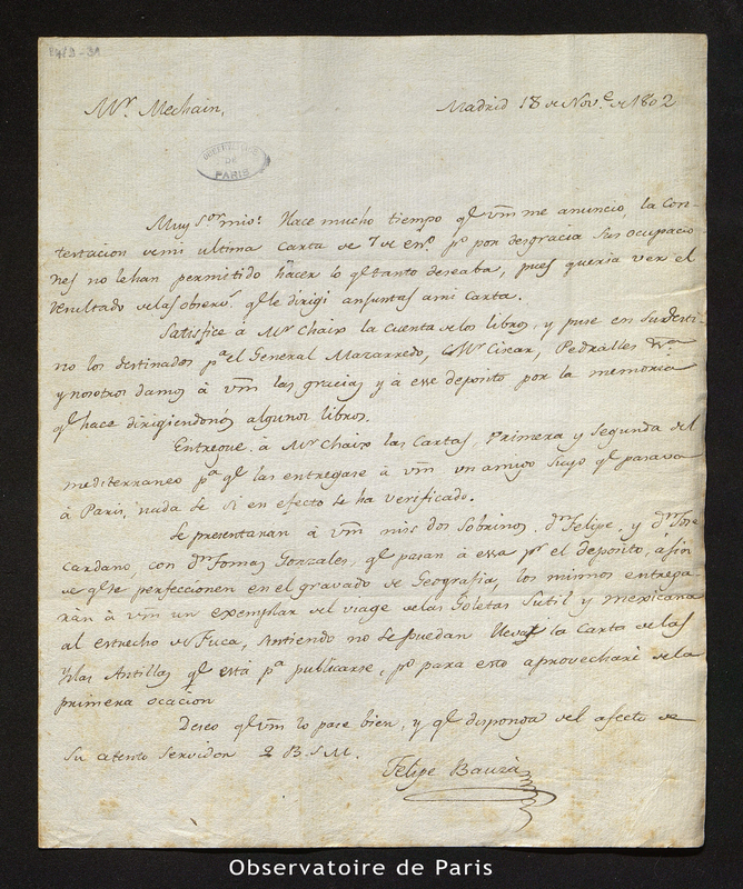 Lettre de Felipe Bauzá à Méchain, Madrid le 18 novembre 1802