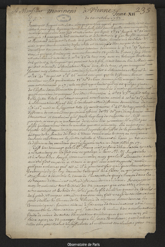 Lettre de Joseph-Nicolas Delisle à Giovanni Giacomo Marinoni, Paris, 30 octobre 1753