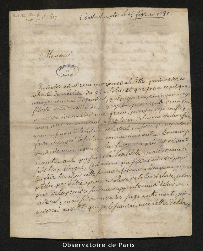 Lettre de Tondu à Cassini IV, Constantinople le 26 février 1785