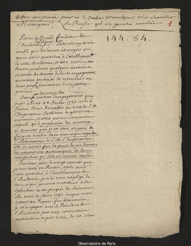 Lettre de Joseph-Nicolas Delisle à Mikhaïl Illarionovitch Vorontsov, Paris