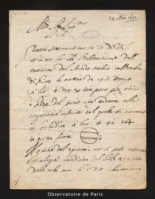 Lettre de Cassini I à Picard, Paris le 22 octobre 1671