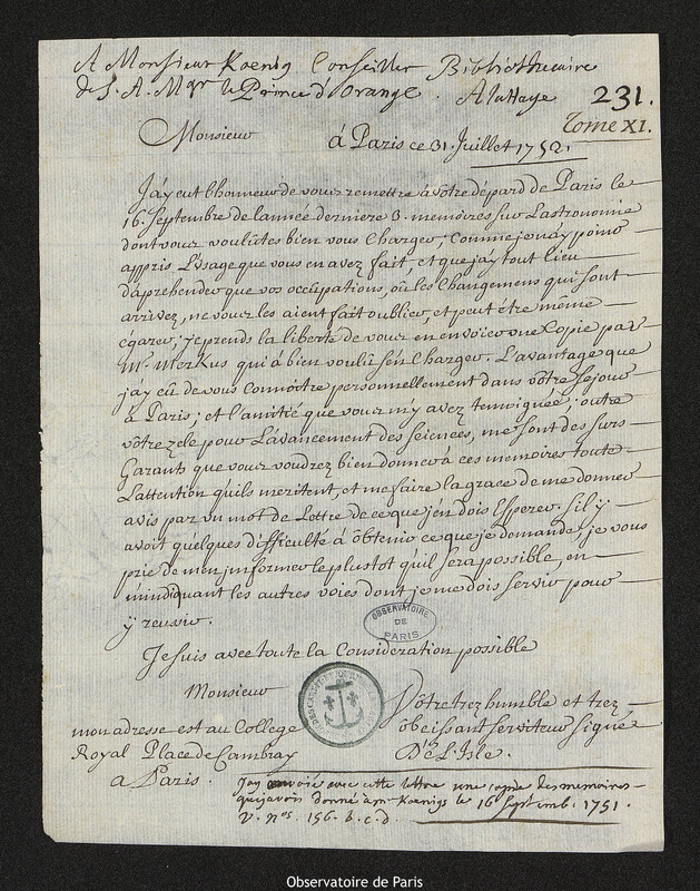 Lettre de Joseph-Nicolas Delisle à Johann Samuel König, Paris, 31 juillet 1752