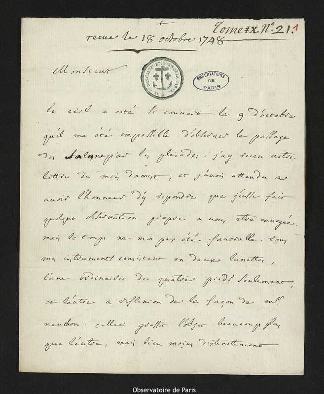 Lettre de Père La Roche, professeur d'hydrographie à Joseph-Nicolas Delisle, Brest, 13 octobre 1748