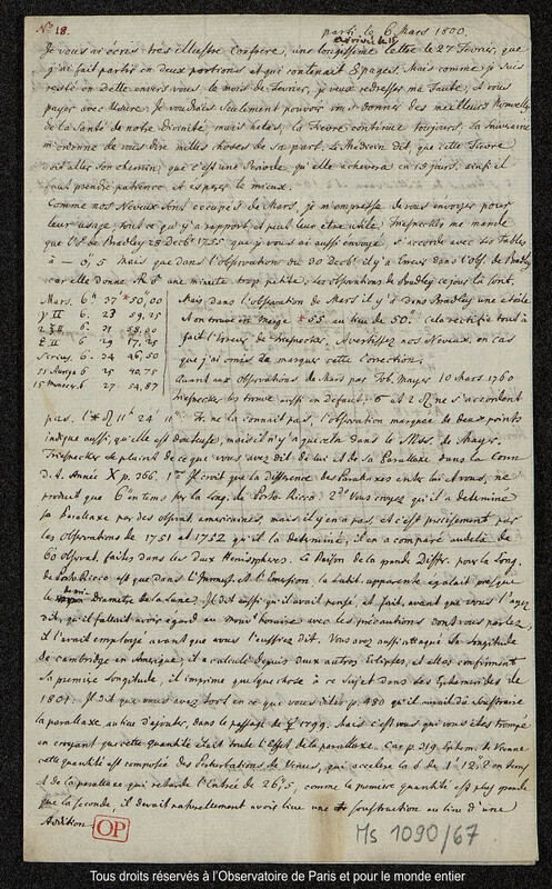 Lettre du baron Franz Xaver von Zach à Joseph Jérôme Le françois de Lalande [Gotha], 6 mars 1800