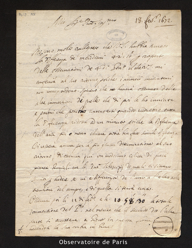 Lettre de Cassini I à Picard, Paris le 18 février 1672