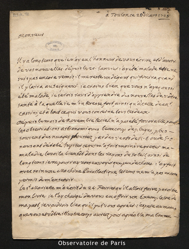 Lettre de Laval à Maraldi, Toulon le 20 mars 1728