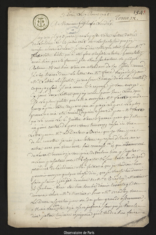 Lettre de Joseph-Nicolas Delisle à Augustin Nathanael Grischow, Paris, 7 août 1748