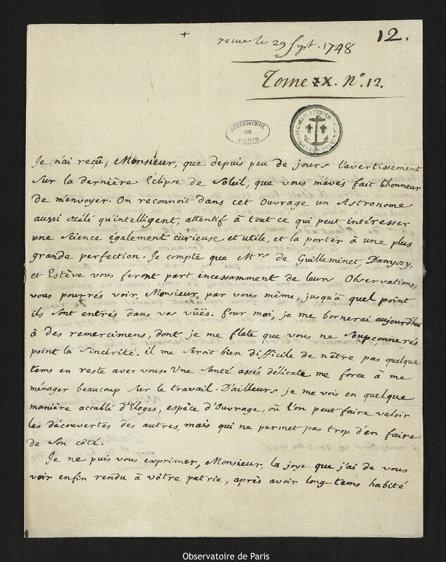 Lettre de Étienne-Hyacinthe de Ratte à Joseph-Nicolas Delisle, Montpellier, 20 septembre 1748