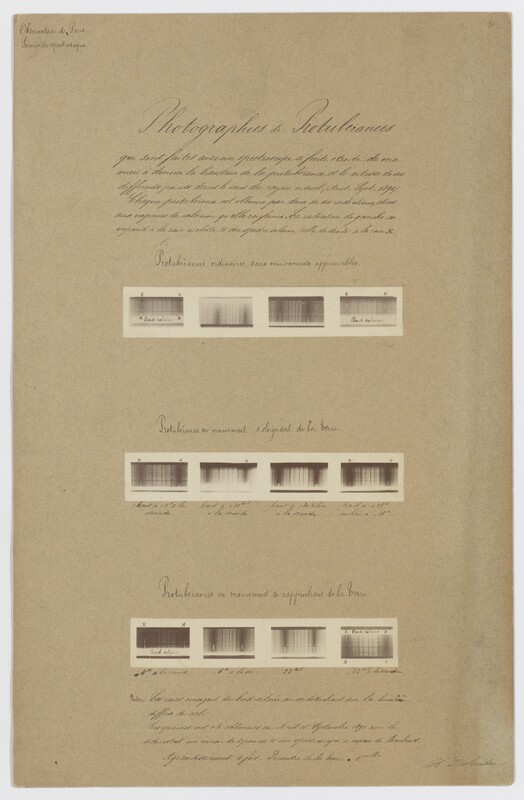 Photographies de protubérances […] par H. Deslandres. Protubérances ordinaires sans mouvements appréciables [figure 1] ; protubérances en mouvement s’éloignant de la Terre [figure 2] ; protubérances en mouvement se rapprochant de la Terre [figure 3]. Agrandissement 4 fois, diamètre de la terre 1mm