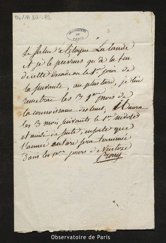 Lettre de Prony à Lalande