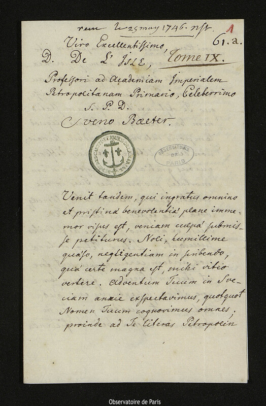 Lettre de Sven Boelter à Joseph-Nicolas Delisle, Stockholm