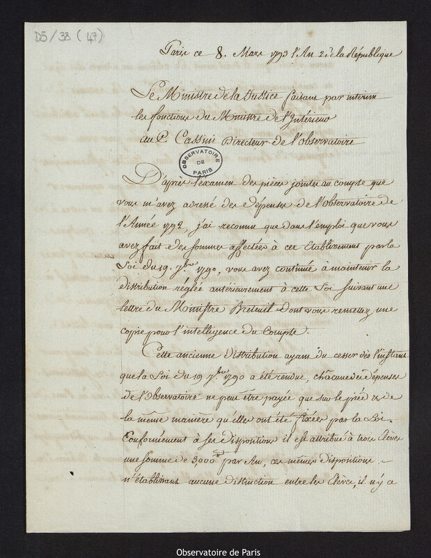 Lettre du Ministre Garat à Cassini IV, à Paris le 8 mars 1793