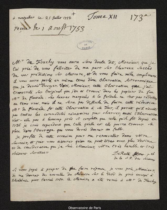 Lettre de Étienne-Hyacinthe de Ratte à Joseph-Nicolas Delisle, Montpellier, 25 juillet 1753