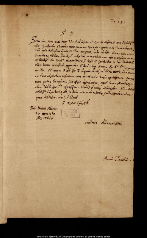 Lettre de Maria Cunitz à Jan Heweliusz, Byczyna, 20 décembre 1650