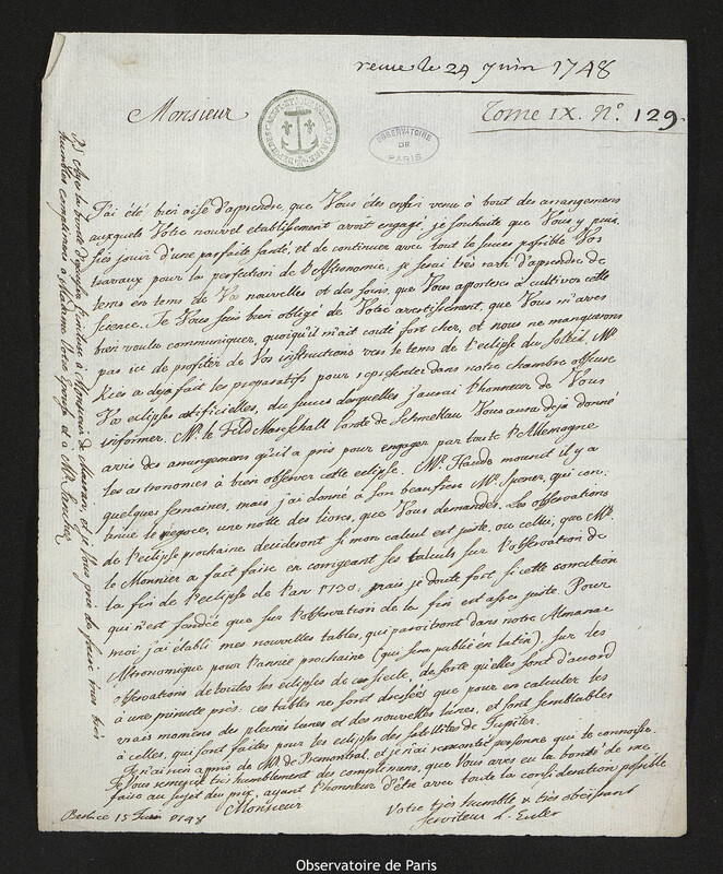 Lettre de Leonhard Euler à Joseph-Nicolas Delisle, Berlin, 15 juin 1748