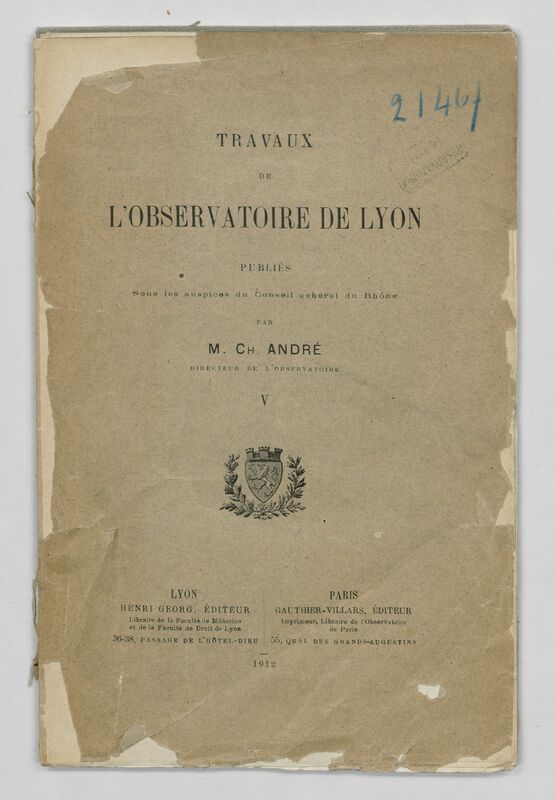 (1912) Travaux de l'Observatoire de Lyon