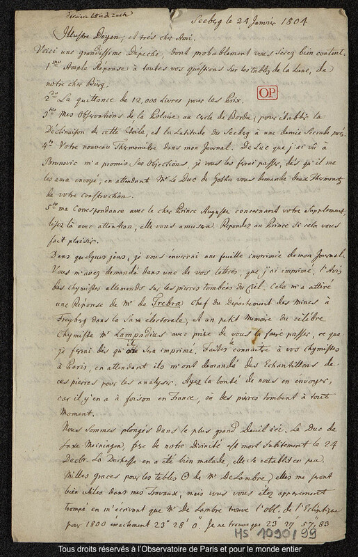 Lettre du baron Franz Xaver von Zach à Joseph Jérôme Le françois de Lalande Seeberg, 24 janvier 1804