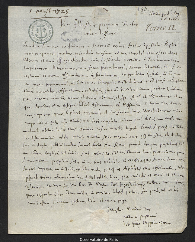 Lettre de Johann Gabriel Doppelmayr à Joseph-Nicolas Delisle, Nuremberg, 1 août 1725