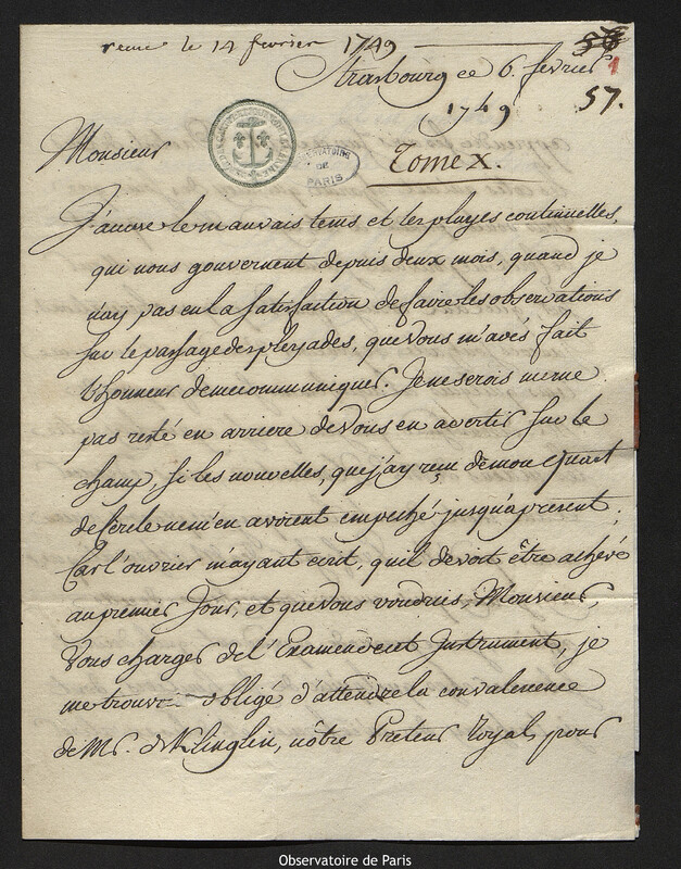 Lettre de Jean Jérémie Brackenhoffer à Joseph-Nicolas Delisle, Strasbourg, 6 février 1749