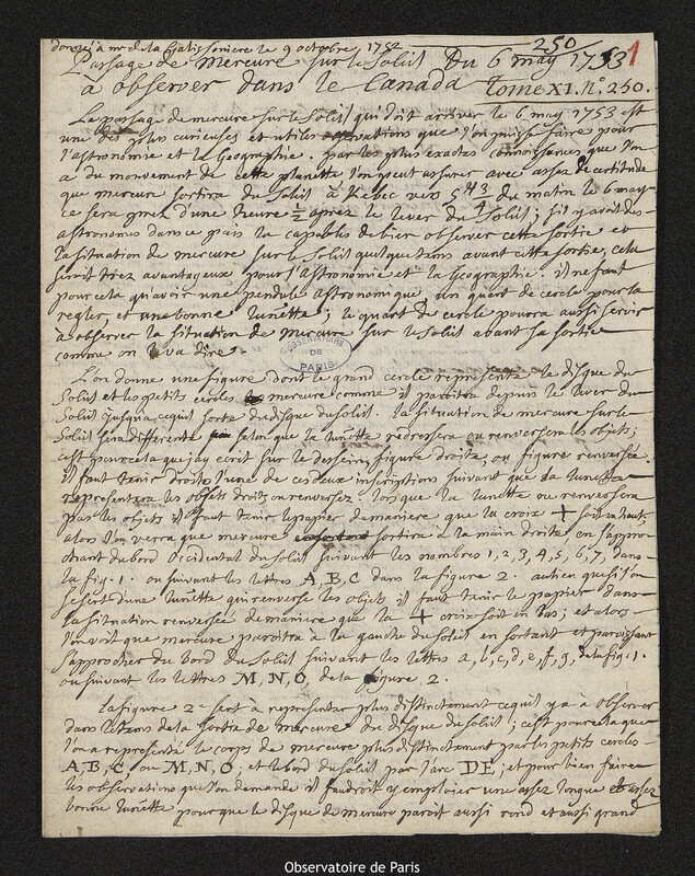 Lettre de Joseph-Nicolas Delisle à Rolland-Michel Barrin, marquis de La Gallissonnière,9 octobre 1752