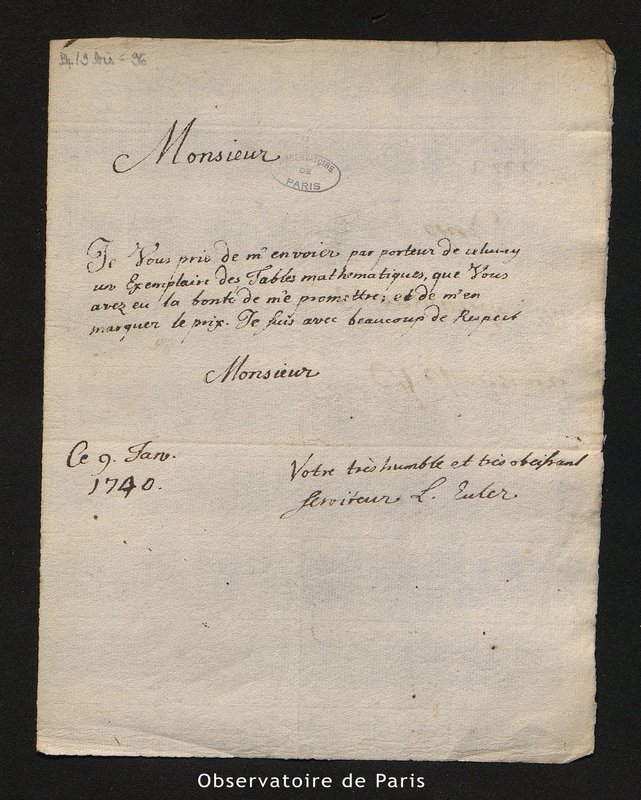 Lettre de L. Euler à Delisle, le 9 janvier 1740